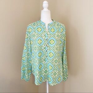 Buckhead Betties Split V-Neck Blue/Green/White/Yellow Top - L